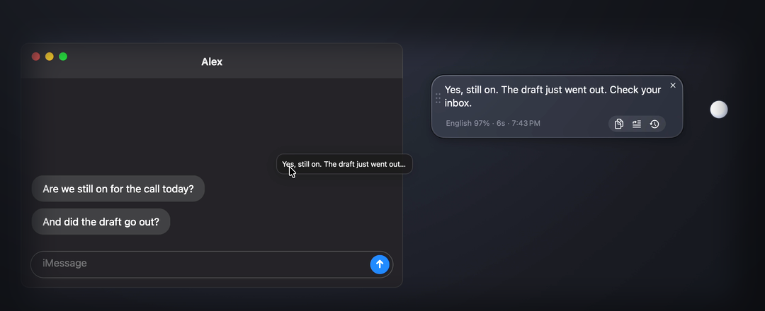 A transcript card being dragged from the bubble into an iMessage field