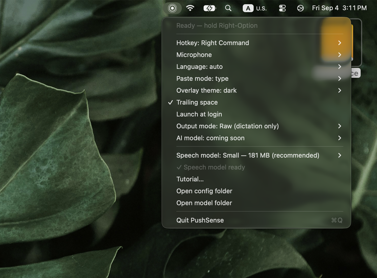 The PushSense menu bar dropdown