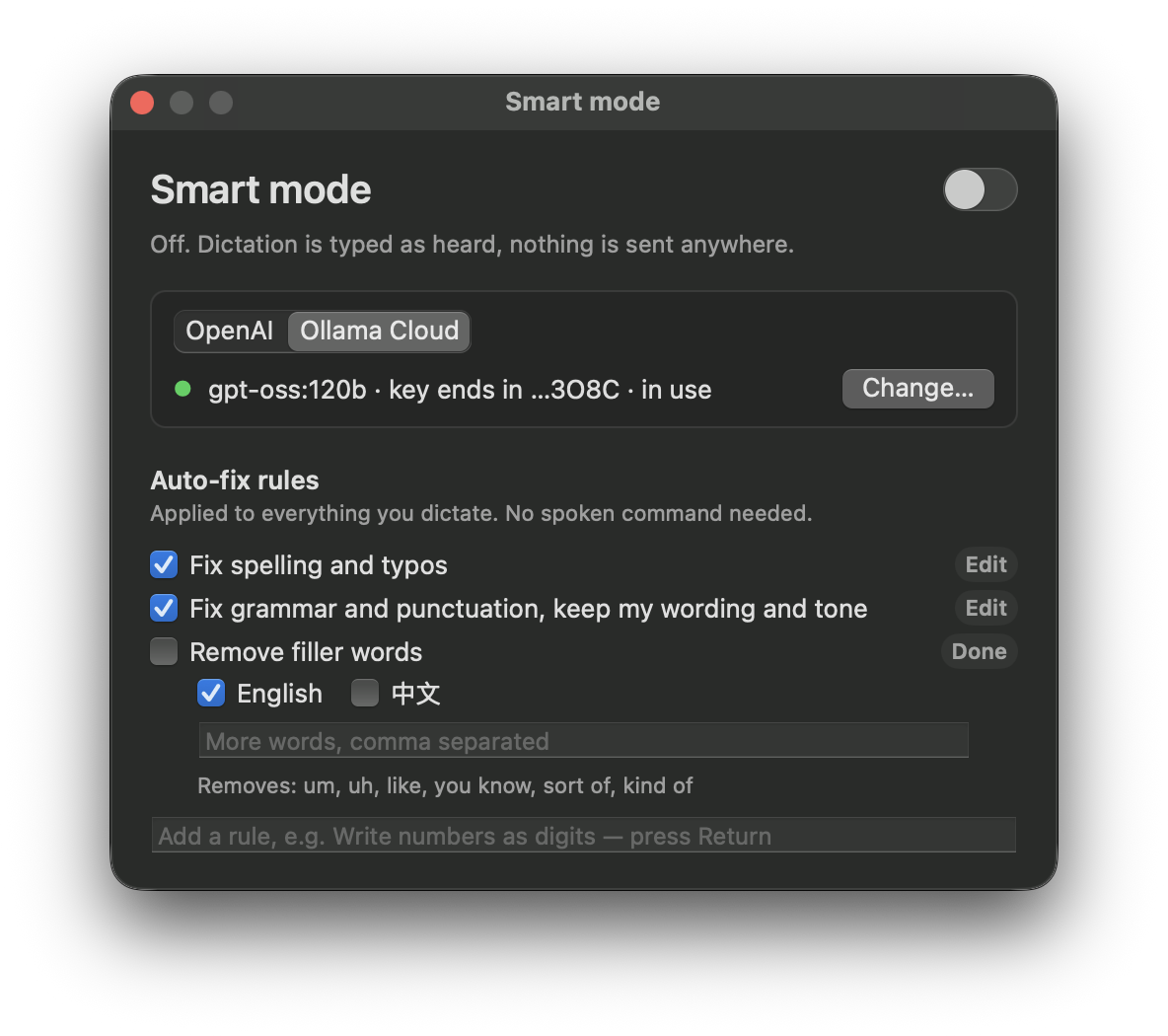 The filler-word rule expanded, with language presets and a custom word field