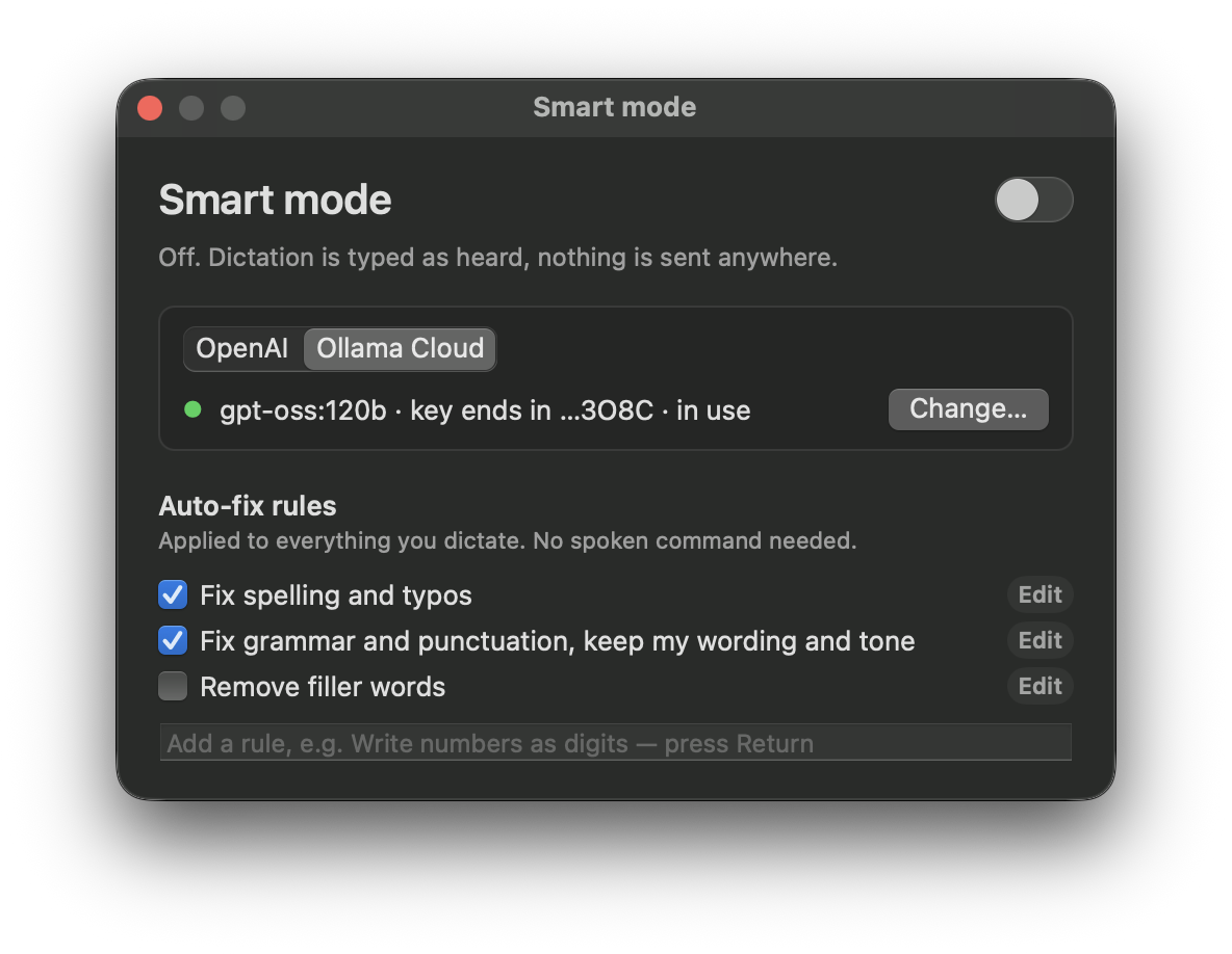 The Smart mode window: switch, provider card, auto-fix rules