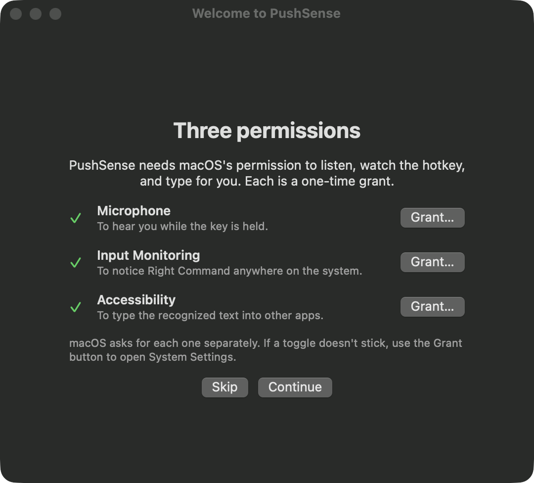 Tutorial step 2: the three permissions, each with a Grant button