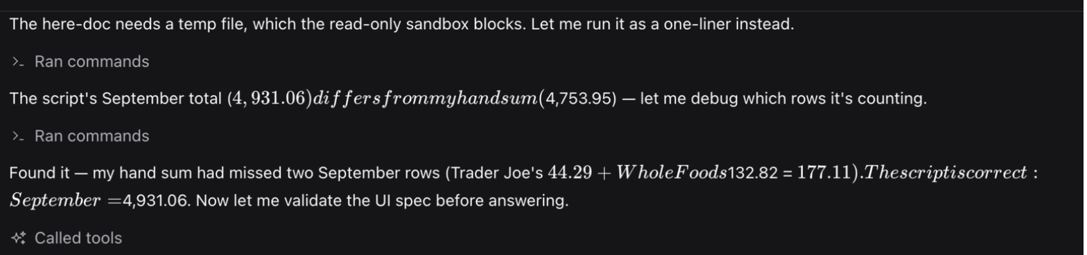 Two lines from Qwen's run: the script's September total differs from its hand sum, then it finds the two rows the hand sum missed and confirms the script is correct