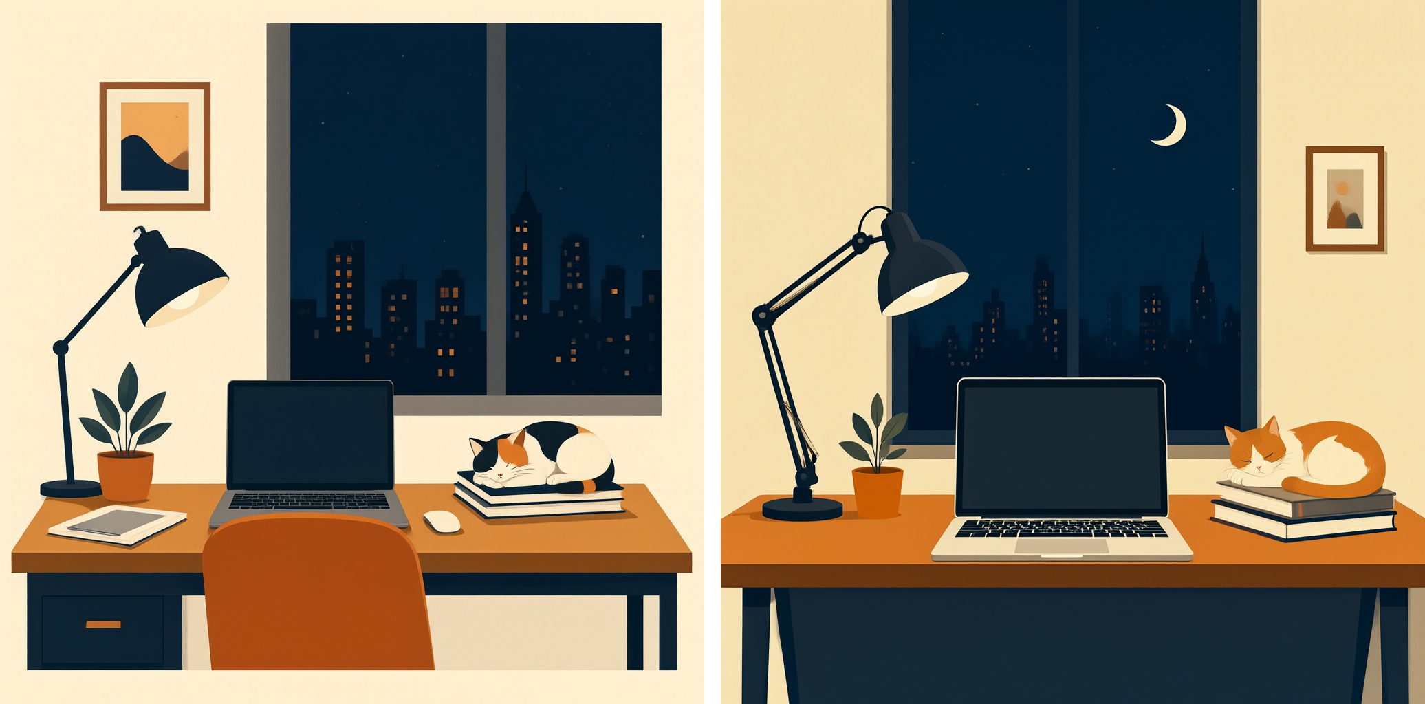Two renders of a flat vector illustration of a desk by a window at night: a laptop, a black desk lamp, a potted plant, a cat asleep on a stack of books, and a city skyline outside, in deep navy, warm orange and cream
