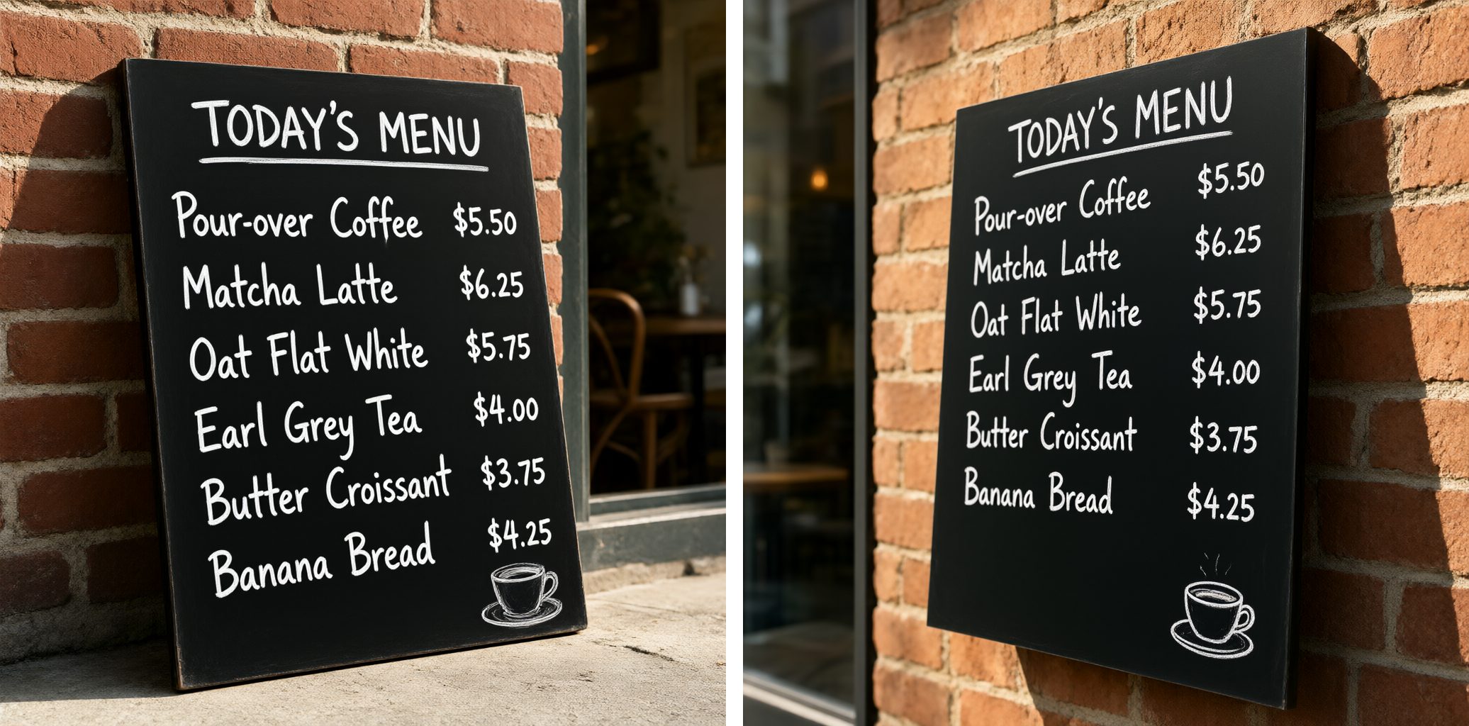 Two renders of a cafe chalkboard menu against a red brick wall, both reading TODAY'S MENU, then Pour-over Coffee $5.50, Matcha Latte $6.25, Oat Flat White $5.75, Earl Grey Tea $4.00, Butter Croissant $3.75 and Banana Bread $4.25, with a small chalk coffee cup in the lower right. The left board leans against the wall; the right one hangs on it