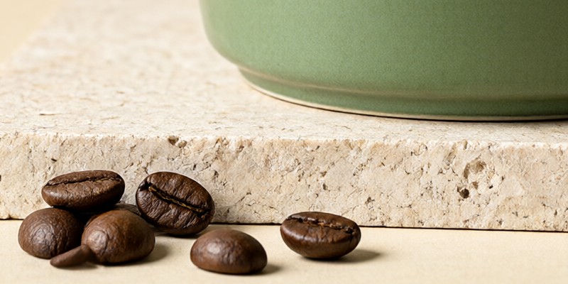 A crop of the 2K mug image at 100 percent: the pitted surface of the travertine block, the foot of the mug, and five coffee beans with clear center creases, one of which has a small extra stub