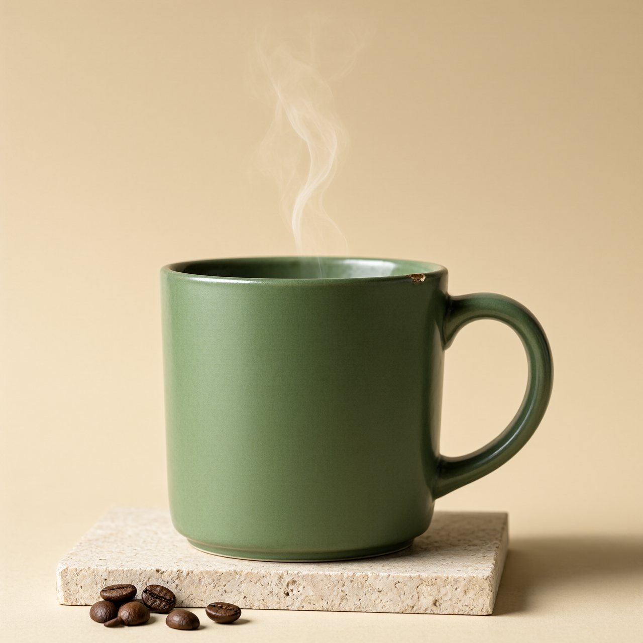 The mug prompt rendered at 2048 by 2048: a sage-green mug with a chip on the rim on a travertine block, steam rising, five coffee beans in the lower left