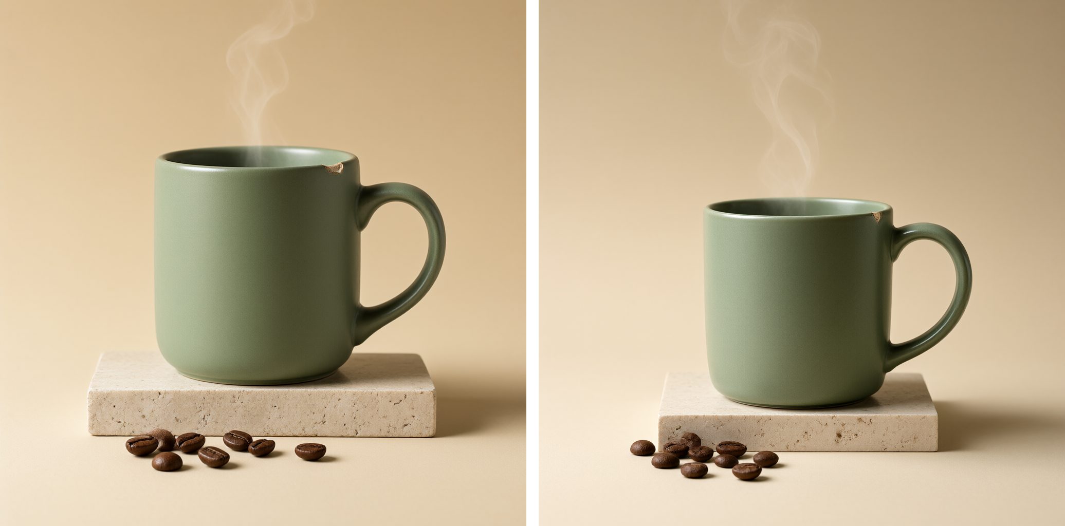 Two renders of a studio product photo: a matte sage-green ceramic mug with a small chip on the rim sits on a pale travertine block, a thin wisp of steam rising, roasted coffee beans scattered in front, on a warm beige background