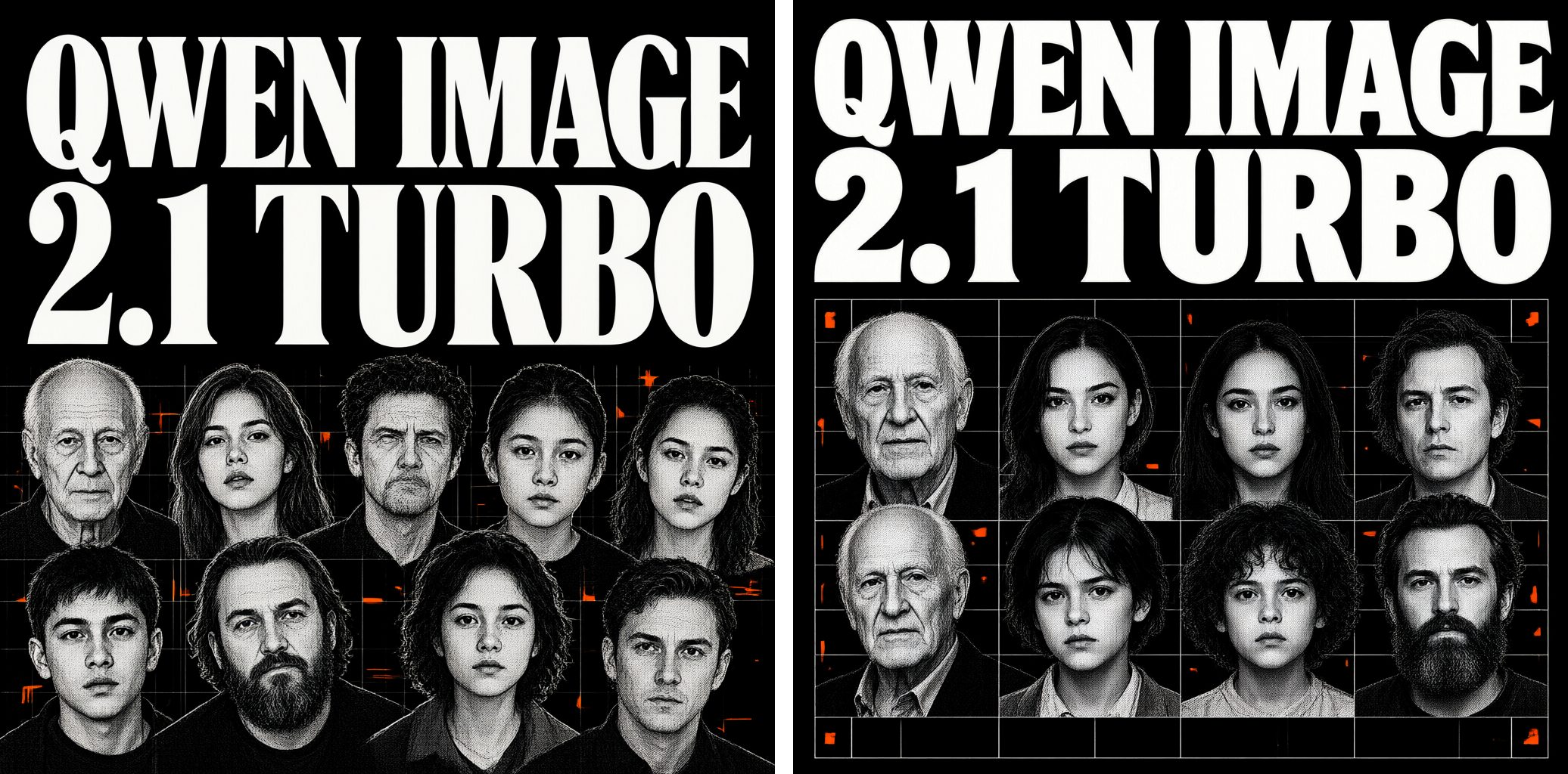 Two renders of the same poster prompt: a black poster with the headline QWEN IMAGE / 2.1 TURBO in heavy white capitals, above black-and-white halftone portraits of an elderly man, young women, a child and a bearded man, with thin grid lines and small orange accents. The left render scatters nine portraits loosely; the right lines eight up in a grid