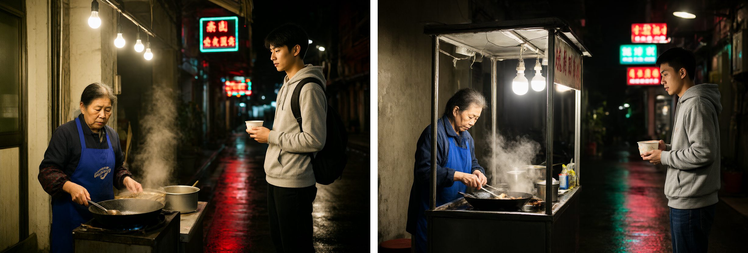 Two renders of a rainy night alley with a food stall: an elderly woman in a blue apron cooks at a wok under bare bulbs while steam rises, and a young man in a grey hoodie waits holding a paper cup in the left render and a paper bowl in both hands in the right one. Red and teal neon signs reflect on the wet pavement