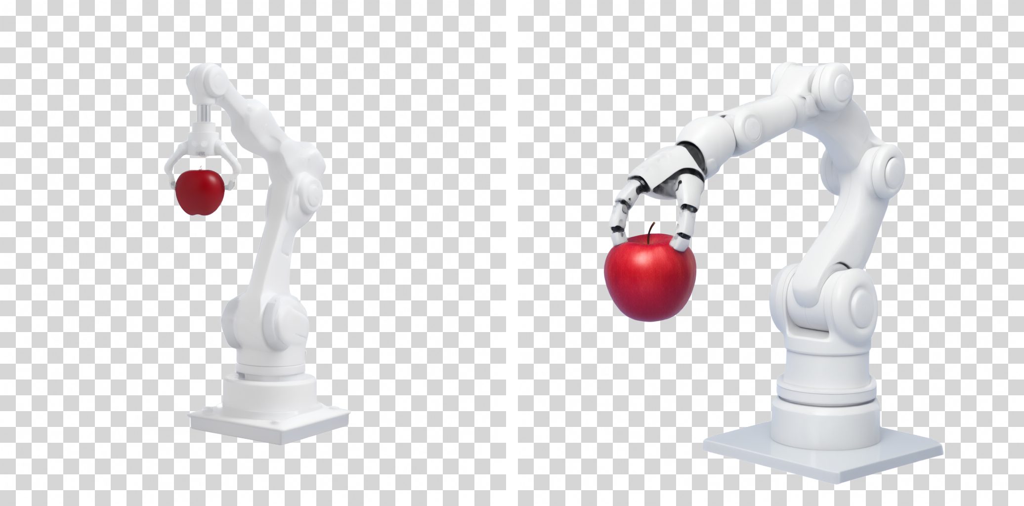 Two renders of a white robot arm holding a red apple, shown on a grey and white checkerboard so the transparent background is visible. In the left render the apple hangs inside a two-finger gripper; in the right, a jointed robot hand grips the apple from above