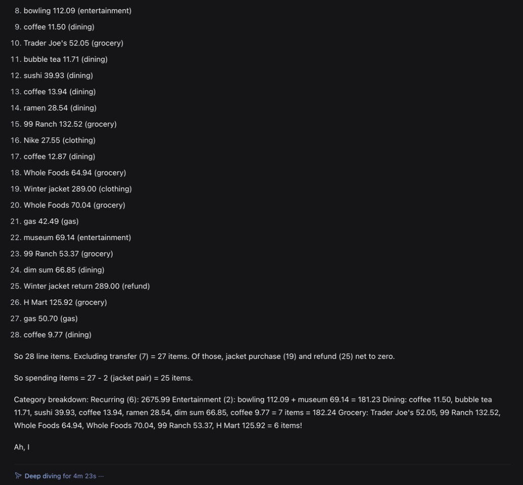 The model's reasoning: a numbered list of 28 October transactions, followed by 'So 28 line items…' and a category breakdown, cut off mid-sentence
